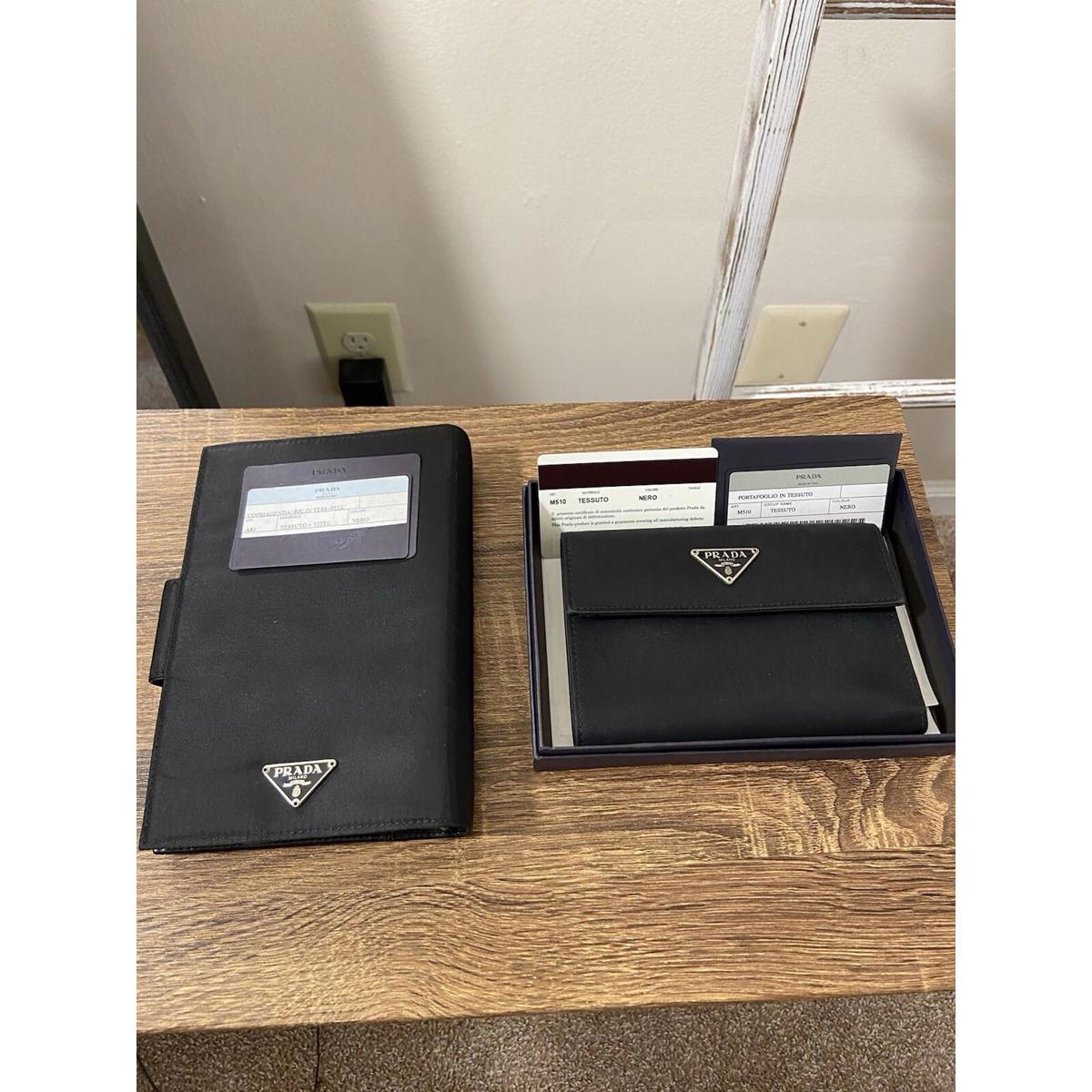 Prada Black Nylon Saffiano Notebook Cover Trifold Wallet Set